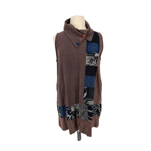 Rin Rang Women's Sleeveless Tunic Dress Patchwork Cowl Neck 100% Cotton Brown & - Picture 1 of 6